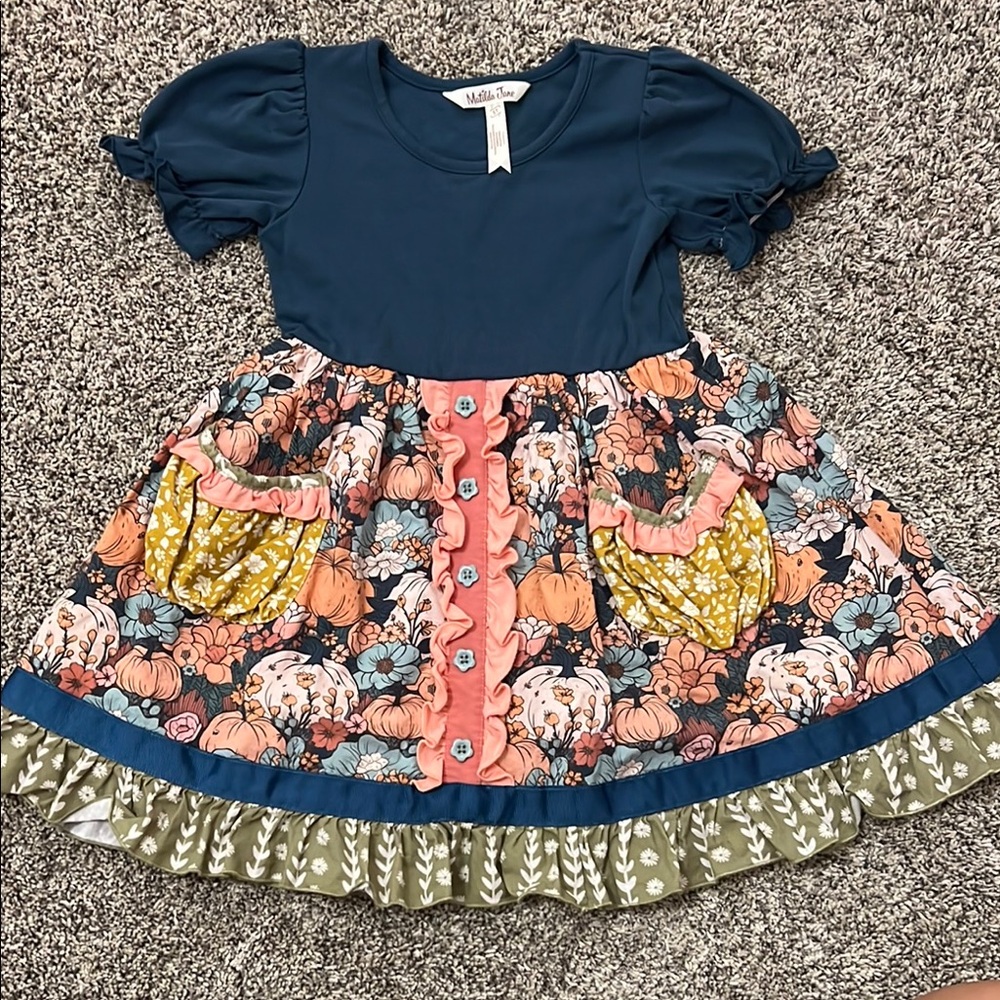 Matilda Jane Blue and Orange Ruffled Sundress with Puff Cap Sleeves